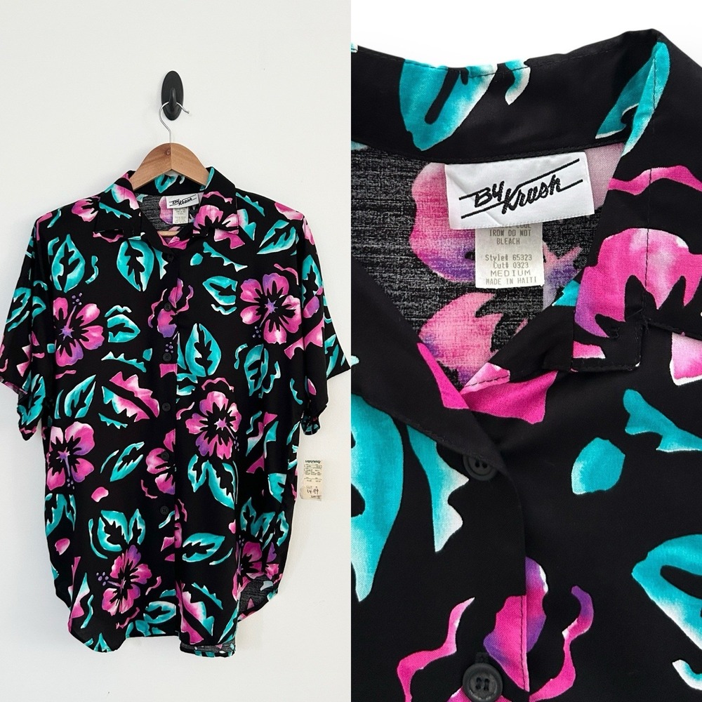 By Krush Reynolds Dept Store Women 80's Vintage Rayon Hawaiian Button Shirt NWT